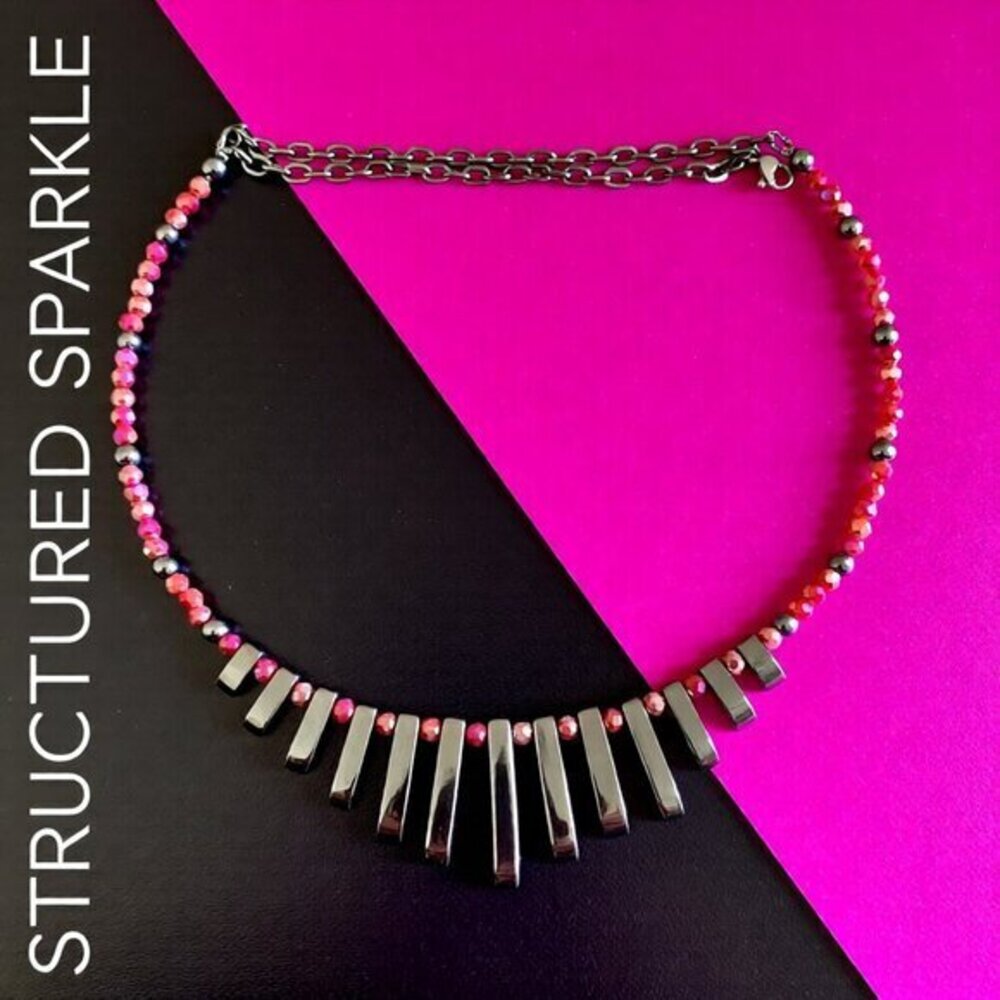 Grounded ~ Calming ~ Gorgeous! Graduated Hematite Fan Necklace with Pink Beads